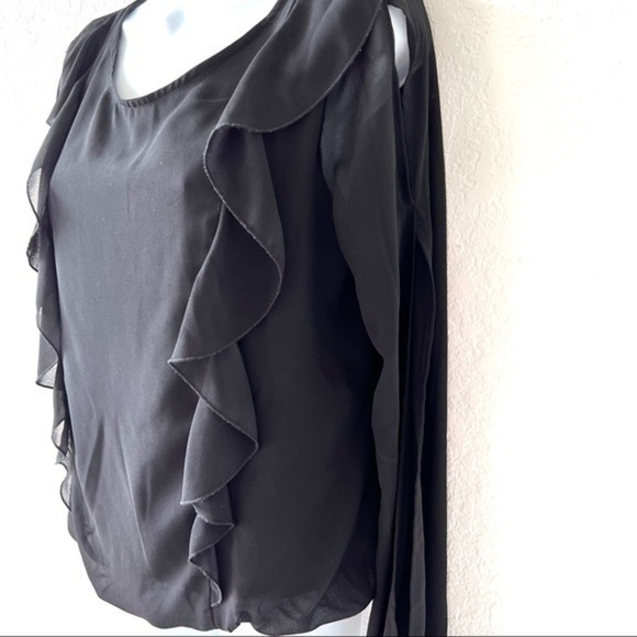 BCX black chiffon ruffle blouse sheer sleeves hidden elastic waist Sz M - Picture 5 of 12